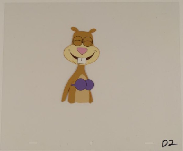 SpongeBob Sandy Laughing Orig Animation Production Cel: This original animation cel is from the Nickelodeon TV show SpongeBob Squarepants. The story takes place under the deep blue sea in Bikini Bottom, where SpongeBob resides. Sp