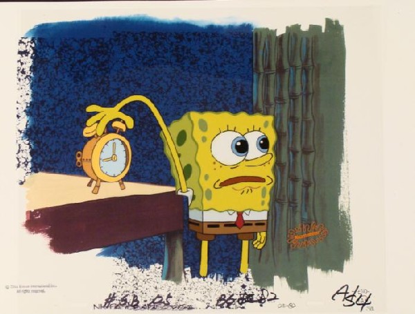 Background Cel Original Alarm Clock SpongeBob Animation: This animation cel and reproduction background are from the Nickelodeon TV show SpongeBob Squarepants. The story takes place under the deep blue sea in Bikini Bottom, where Sponge
