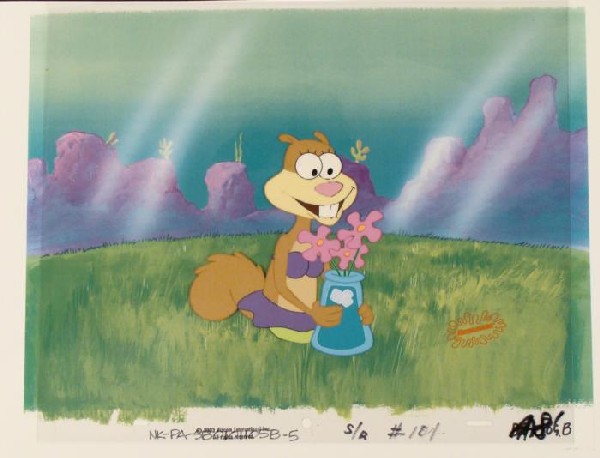 Biting Lip Background Cel Original SpongeBob Production: This animation cel and reproduction background are from the Nickelodeon TV show SpongeBob Squarepants. The story takes place under the deep blue sea in Bikini Bottom, where Sponge