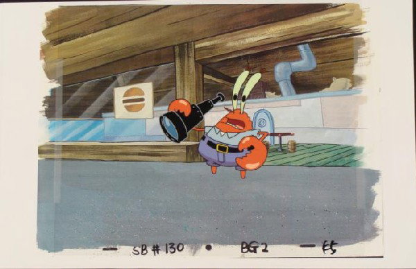 Scope Out Original SpongeBob Background Cel Production: This original hand-painted background and animation cel is from the Nickelodeon TV show SpongeBob Squarepants. The story takes place under the deep blue sea in Bikini Bo
