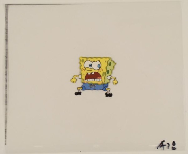 Cel SpongeBob Squatting Production Original Art: This original animation cel is from the Nickelodeon TV show SpongeBob Squarepants. The story takes place under the deep blue sea in Bikini Bottom, where SpongeBob resides. Sp