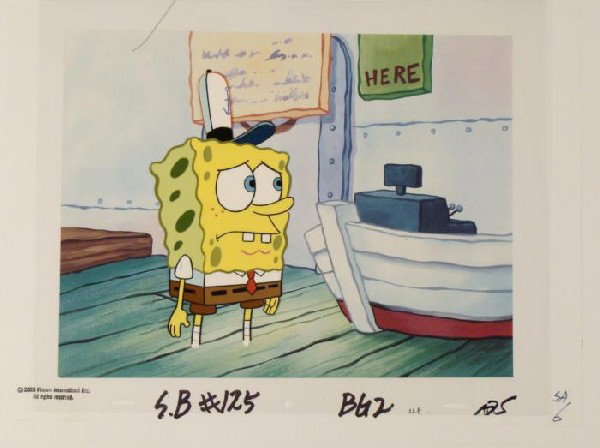 Original Cel SpongeBob Background Krusty Krab Animation: This animation cel and printed background is from the Nickelodeon TV show SpongeBob Squarepants. The story takes place under the deep blue sea in Bikini Bottom, where Sp
