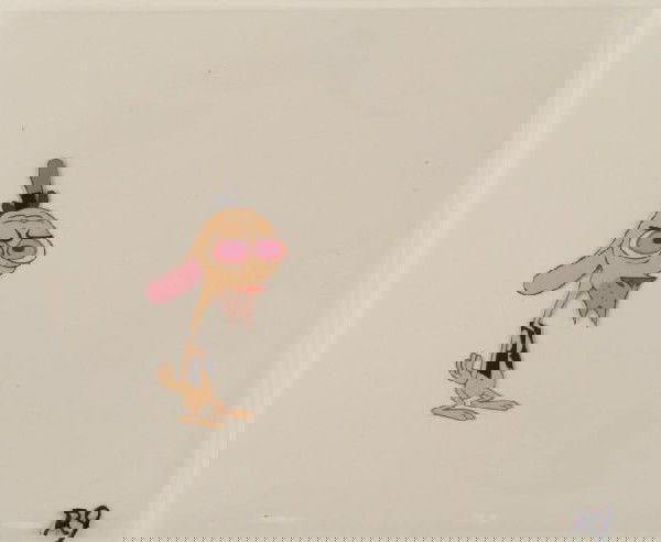 Ren and Stimpy Cel Animation Grumpy Original Art: This is an original production animation cel from the Nickelodeon TV show Ren & Stimpy. The show follows two characters - Ren, a crazy Chihuahua - and - Stimpy, an incredibly stupid