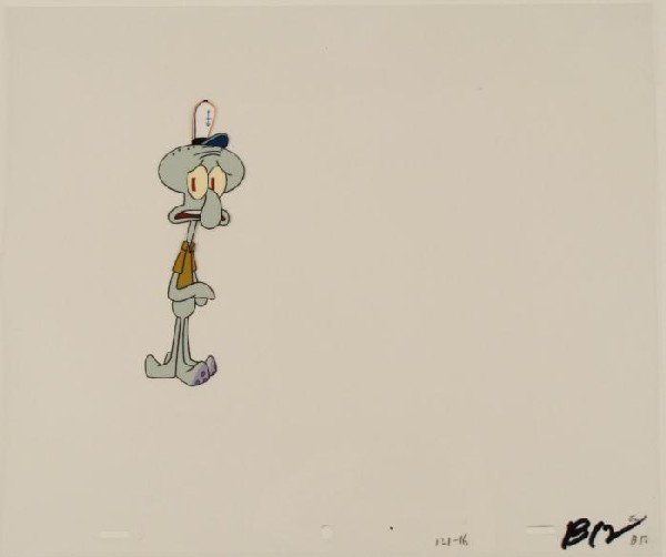 Nervous Squidward Original Animation SpongeBob Cel Art: This original animation cel is from the Nickelodeon TV show SpongeBob Squarepants. The story takes place under the deep blue sea in Bikini Bottom, where SpongeBob resides. Sp