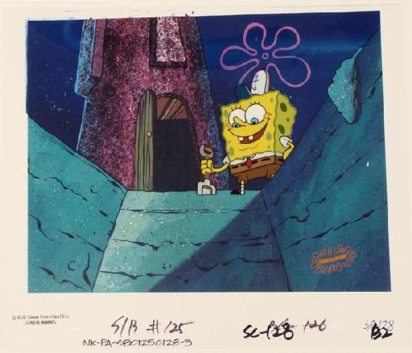 Production Dig A Hole Original SpongeBob Cel Background: This animation cel and reproduction background are from the Nickelodeon TV show SpongeBob Squarepants. The story takes place under the deep blue sea in Bikini Bottom, where Sponge