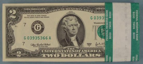 100 Consecutive $2 Chicago Bank Wrapped Notes 2003 A CU: 100 original bank wrapped 2003-A $2 bills, totaling $200. Grade: Mint, Crisp Uncirculated Mint mark: G (Chicago) Serial Numbers: Consecutive Note: Bills shown may look different from those you receive