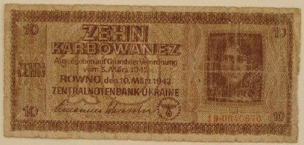 1942 NAZI CURRENCY FOR OCCUPIED UKRAINE-10 KARBOWANEZ: HERE WE HAVE AN ORIGINAL1942 NAZI CURRENCY FOR OCCUPIED UKRAINE, 10 KARBOWANEZ. THERE IS A WITH EAGLE SWASTIKA ON IT. IT IS IN FAIR CONDITION WITH MINOR RIPS, FOLDS, CREASES, AND SUR