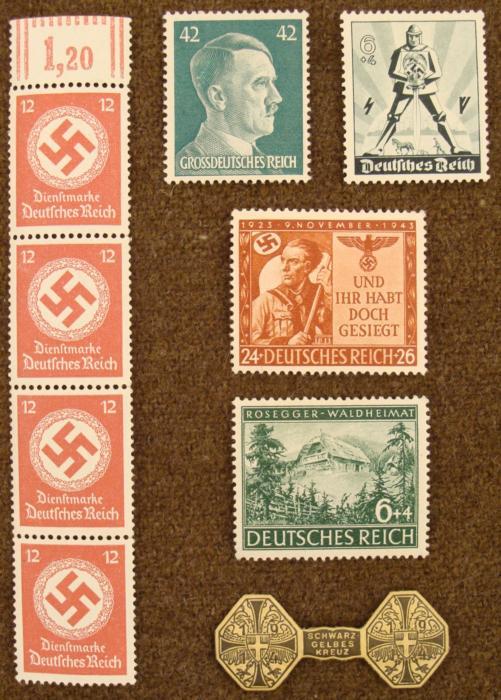 8 ORIGINAL NAZI STAMPS- HITLER HJ SWASTIKA BLACK CORSS: OFFERED HERE ARE EIGHT ORIGINAL NAZI STAMPS WITH HITLER, HJ, SWASTIKA, AND BLACK CROSS SEAL. THESE ARE GREAT UN-USED STAMPS & SEAL. 