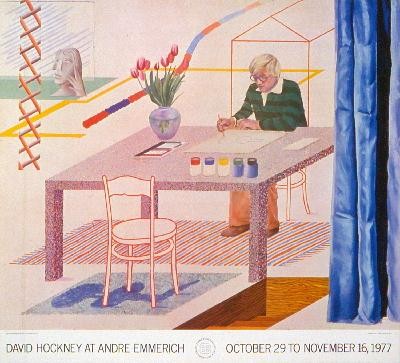 1977 Hockney Self Portrait with Blue Guitar Poster: Reference #: ULEF1064 Artist Name: Hockney, David Title: Self Portrait with Blue Guitar Medium: Offset Lithograph Edition Size: 2500 Year: 1977 Paper Size: 24 x 26.5 inches Image Size: 21.75 x 26.5 in
