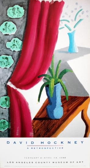 1988 Hockney Still Life with Magenta Curtain Poster: Reference #: ULXX7892 Artist Name: Hockney, David Title: Still Life with Magenta Curtain Medium: Offset Lithograph Edition Size: limited Year: 1988 Paper Size: 38.5 x 20.75 inches Image Size: 31.25 x 