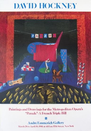 1980 Hockney Set for Parade Poster: Reference #: ULGH1071 Artist Name: Hockney, David Title: Set for Parade Medium: Offset Lithograph Edition Size: 750 Year: 1980 Paper Size: 39 x 27 inches Image Size: 27 x 27 inches Condition: A: Mint 