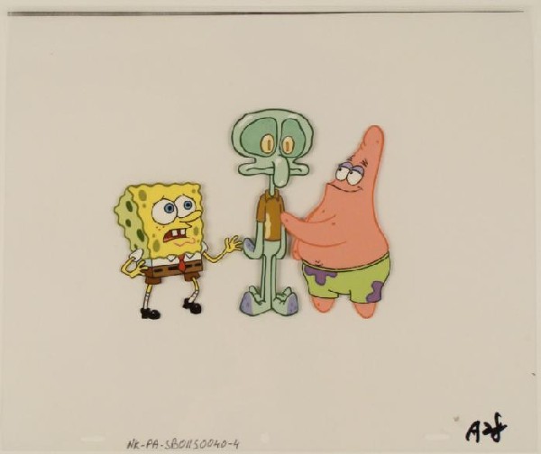 Face Smash SpongeBob Original Cel Production Art Squid: This original animation cel is from the Nickelodeon TV show SpongeBob Squarepants. The story takes place under the deep blue sea in Bikini Bottom, where SpongeBob resides. Sp