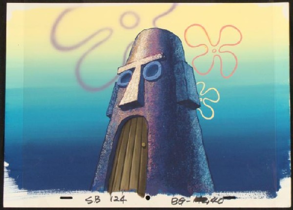 Squidward Original Spongebob Background Cel Animation: This original hand-painted background and animation cel are from the Nickelodeon TV show SpongeBob Squarepants. The story takes place under the deep blue sea in Bikini B