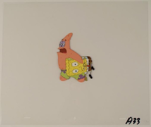 SpongeBob Orig Animation Art Cel Patrick Carries Him: This original animation cel is from the Nickelodeon TV show SpongeBob Squarepants. The story takes place under the deep blue sea in Bikini Bottom, where SpongeBob resides. Sp