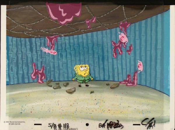 Cel Original Background Production SpongeBob In Trouble: This original hand-painted background and animation cel are from the Nickelodeon TV show SpongeBob Squarepants. The story takes place under the deep blue sea in Bikini B