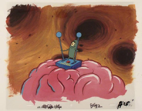 Production Original SpongeBob Gadget Background Cel: This animation cel and reproduction background are from the Nickelodeon TV show SpongeBob Squarepants. The story takes place under the deep blue sea in Bikini Bottom, where Sponge
