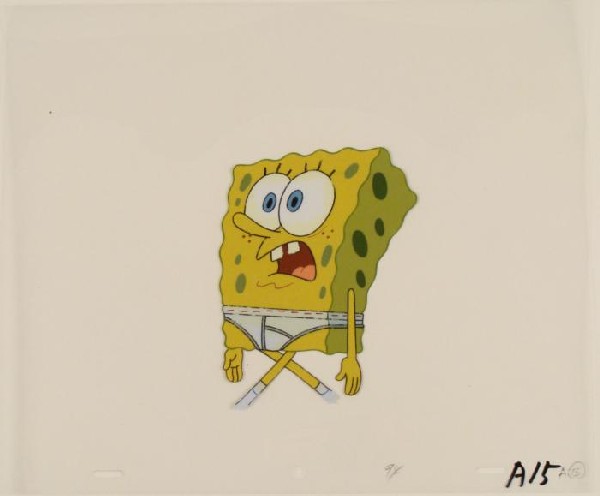 Original SpongeBob Wide Open Mouth Animation Cel Art: This original animation cel is from the Nickelodeon TV show SpongeBob Squarepants. The story takes place under the deep blue sea in Bikini Bottom, where SpongeBob resides. Sp