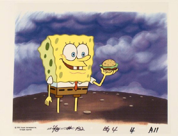 Production Background SpongeBob Rain Patty Cel Original: This animation cel and reproduction background are from the Nickelodeon TV show SpongeBob Squarepants. The story takes place under the deep blue sea in Bikini Bottom, where Sponge