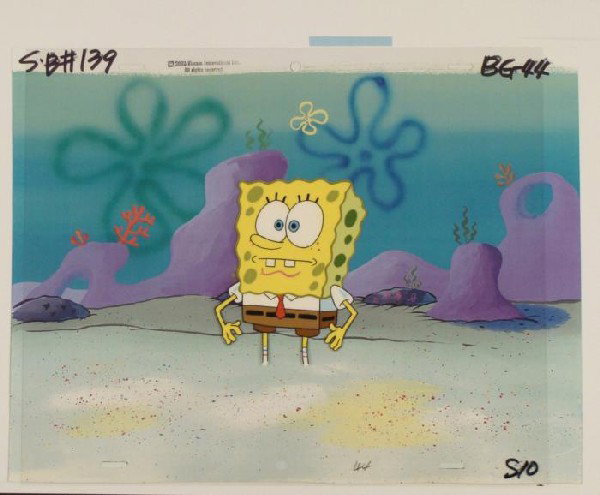 Shocked SpongeBob Background Production Cel Original: This animation cel and reproduction background are from the Nickelodeon TV show SpongeBob Squarepants. The story takes place under the deep blue sea in Bikini Bottom, where Sponge
