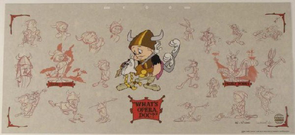 Elmer Fudd and Bugs Bunny Sericel Art w/ Background: Warner Bros Elmer Fudd and Bugs Bunny Sericel Art w/ Background This is a serigraph cel proof originally designed for a Lumicel Title: "What's Opera Doc?" Right side writing: Prima Donna Left side wri