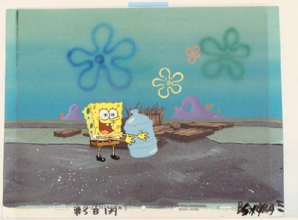 Production Water Jug SpongeBob Original Background Cel: This animation cel and reproduction background are from the Nickelodeon TV show SpongeBob Squarepants. The story takes place under the deep blue sea in Bikini Bottom, where Sponge