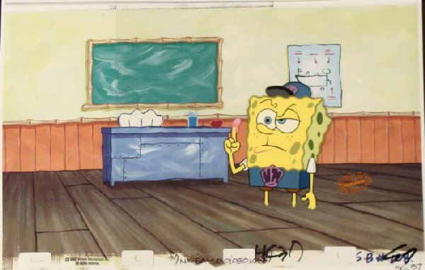 SpongeBob Original Found Clue Background Cel Production: This animation cel and reproduction background are from the Nickelodeon TV show SpongeBob Squarepants. The story takes place under the deep blue sea in Bikini Bottom, where Sponge