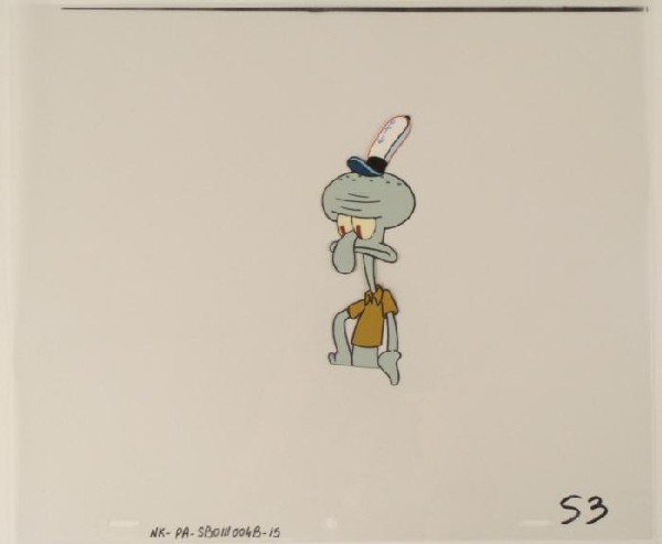 Squidward Hat Production Cel Original SpongeBob Art: This original animation cel is from the Nickelodeon TV show SpongeBob Squarepants. The story takes place under the deep blue sea in Bikini Bottom, where SpongeBob resides. Sp