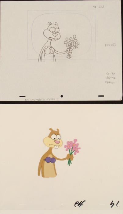 Animation Flowers Cel Drawing Hold Original SpongeBob: This original animation cel is from the Nickelodeon TV show SpongeBob Squarepants. The story takes place under the deep blue sea in Bikini Bottom, where SpongeBob resides. Sp