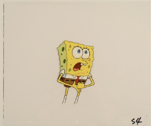 Taking Action SpongeBob Production Art Cel Original: This original animation cel is from the Nickelodeon TV show SpongeBob Squarepants. The story takes place under the deep blue sea in Bikini Bottom, where SpongeBob resides. Sp