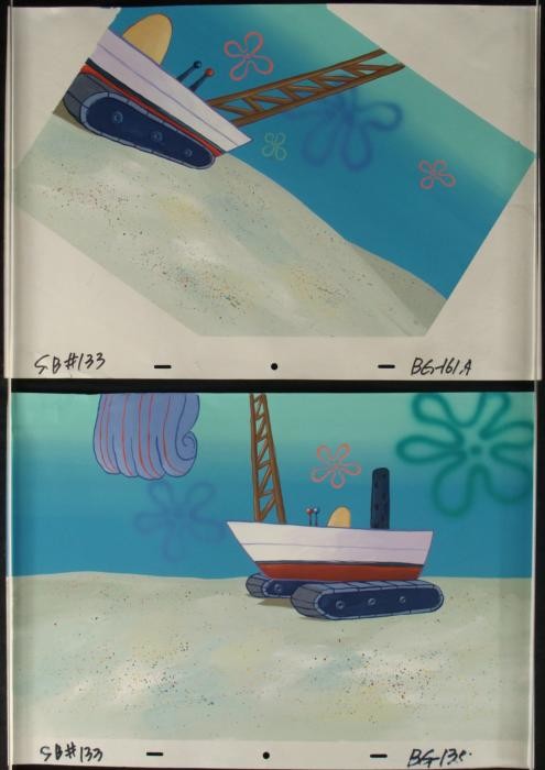 2) Boat and Crane Orig SpongeBob Background Animation: This original hand-painted background from the Nickelodeon TV show SpongeBob Squarepants. The story takes place under the deep blue sea in Bikini Bottom, where SpongeBob resi