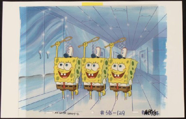 SpongeBob The Future Animation Background Cel Original: This animation cel and reproduction background are from the Nickelodeon TV show SpongeBob Squarepants. The story takes place under the deep blue sea in Bikini Bottom, where Sponge