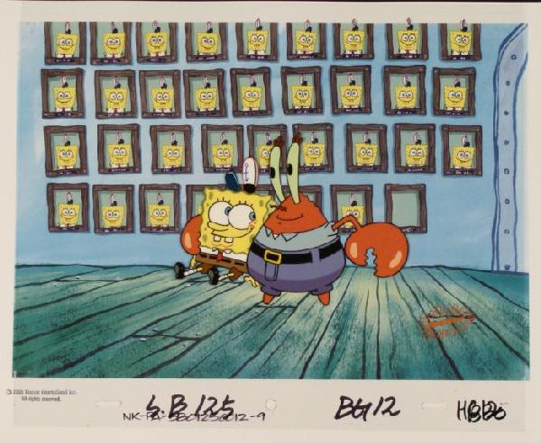 Original Employee Background SpongeBob Cel Animation: This animation cel and reproduction background are from the Nickelodeon TV show SpongeBob Squarepants. The story takes place under the deep blue sea in Bikini Bottom, wh