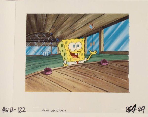 Stage Next Original SpongeBob Cel Background Animation: This animation cel and reproduction background are from the Nickelodeon TV show SpongeBob Squarepants. The story takes place under the deep blue sea in Bikini Bottom, where Sponge