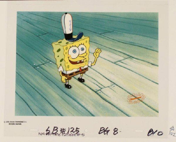 Background Animation Cel Original SpongeBob Waving: This animation cel and reproduction background are from the Nickelodeon TV show SpongeBob Squarepants. The story takes place under the deep blue sea in Bikini Bottom, where Sponge