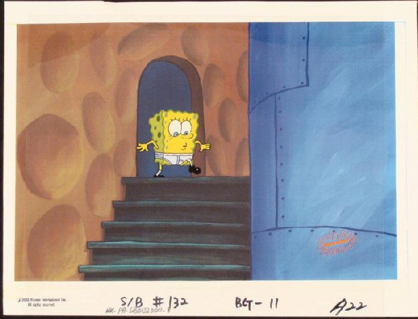 Tiptoeing Down Original Animation SpongeBob Cel Art: This animation cel and reproduction background are from the Nickelodeon TV show SpongeBob Squarepants. The story takes place under the deep blue sea in Bikini Bottom, where Sponge