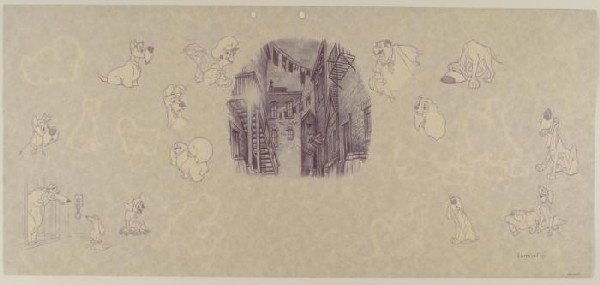 Disney Background Animation Art Lady and the Tramp: Background Lumicel Lady and the Tramp Art Animation This is a serigraph cel proof originally designed for a Lumicel Size: 11 1/2" x 24 3/4 Condition: Excellent The background features character sketch