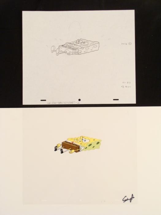 Laying Art Original Animation Cel Drawing SpongeBob: This original animation cel is from the Nickelodeon TV show SpongeBob Squarepants. The story takes place under the deep blue sea in Bikini Bottom, where SpongeBob resides. Sp