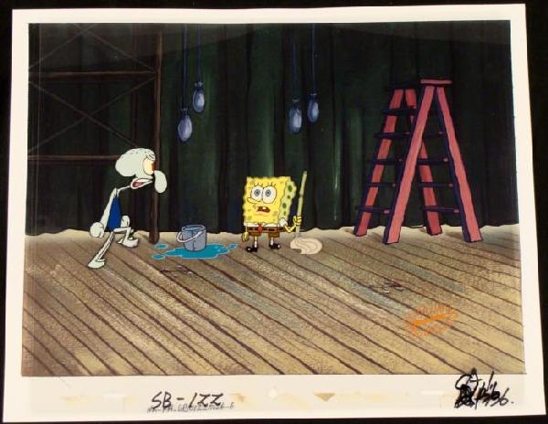 Production SpongeBob Original Cel Background Mop Art: This animation cel and reproduction background are from the Nickelodeon TV show SpongeBob Squarepants. The story takes place under the deep blue sea in Bikini Bottom, wh