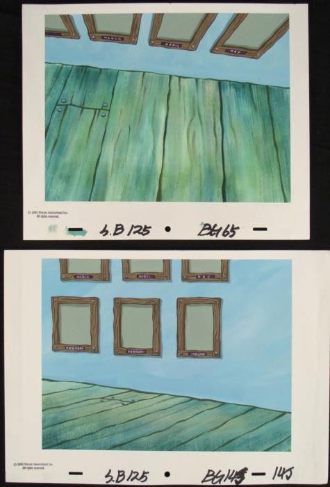 2 SpongeBob Orig Animation Backgrounds Employee...Month: These are 2 original hand-painted backgrounds from the Nickelodeon television show SpongeBob Squarepants. The story takes place under the deep blue sea in Bikini Bottom, wher