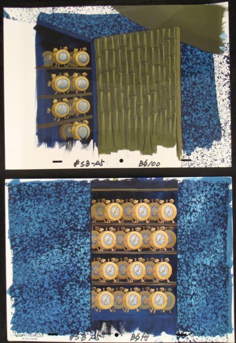 2 SpongeBob Squidward Clocks Orig Animation Backgrounds: These are 2 original hand-painted backgrounds from the Nickelodeon television show SpongeBob Squarepants. The story takes place under the deep blue sea in Bikini Bottom, wher