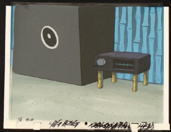 Speaker Cel Original Background Animation SpongeBob Art: This original hand-painted background and animation cel are from the Nickelodeon TV show SpongeBob Squarepants. The story takes place under the deep blue sea in Bikini B