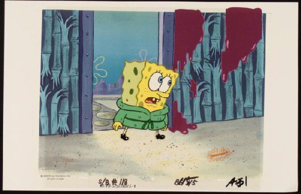 Stunned SpongeBob Art Original Animation Cel Background: This animation cel and reproduction background are from the Nickelodeon TV show SpongeBob Squarepants. The story takes place under the deep blue sea in Bikini Bottom, where Sponge