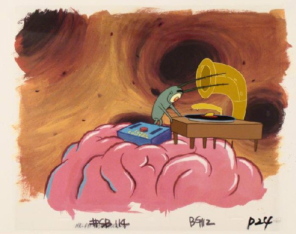 Evil Original Music SpongeBob Animation Background Cel: This animation cel and reproduction background are from the Nickelodeon TV show SpongeBob Squarepants. The story takes place under the deep blue sea in Bikini Bottom, where Sponge