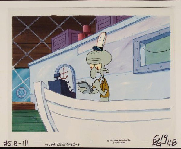 Animation Take Order Original SpongeBob Cel Background: This animation cel and reproduction background are from the Nickelodeon TV show SpongeBob Squarepants. The story takes place under the deep blue sea in Bikini Bottom, where Sponge