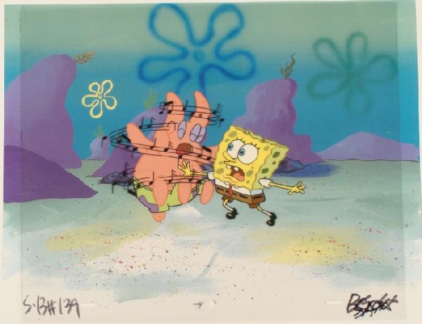 SpongeBob Background Animation Cel Original Note Attack: This animation cel and reproduction background are from the Nickelodeon TV show SpongeBob Squarepants. The story takes place under the deep blue sea in Bikini Bottom, where Sponge