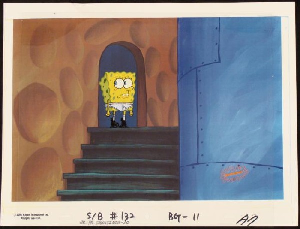 Underwear In House SpongeBob Cel Animation Original: This animation cel and reproduction background are from the Nickelodeon TV show SpongeBob Squarepants. The story takes place under the deep blue sea in Bikini Bottom, where Sponge