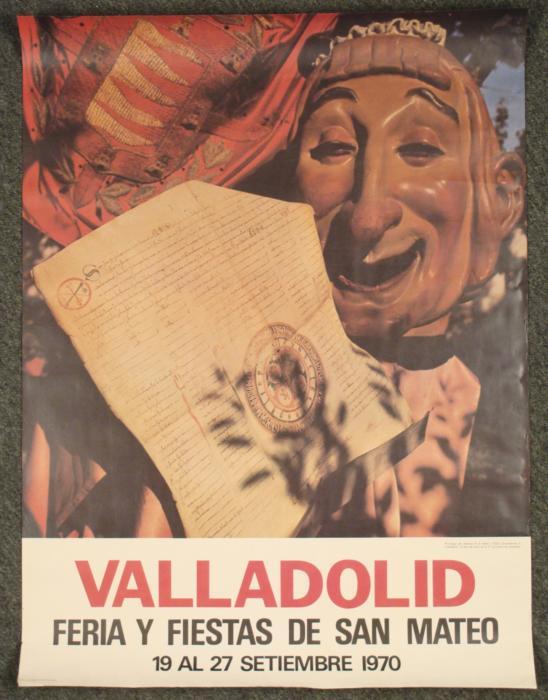 Valladolid Fiestas San Mateo Vintage Poster Spain 1970: This poster is from the Valladolid Feria Y Fiestas de San Mateo. The curious looking carved head is a the highlight of this photo poster image. Medium: Litho on glossy paper Poster sheet size: 25 1/2"