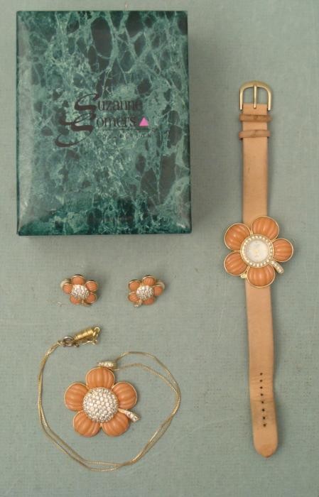 Suzanne Somers Collection Flower Watch Earring Necklace: This set from the Suzanne Somers Collection features a Watch, Earrings and Necklace, all with pink flowers and faux diamonds, all on gold tone settings. The watch is marked B3716, and the leather stra