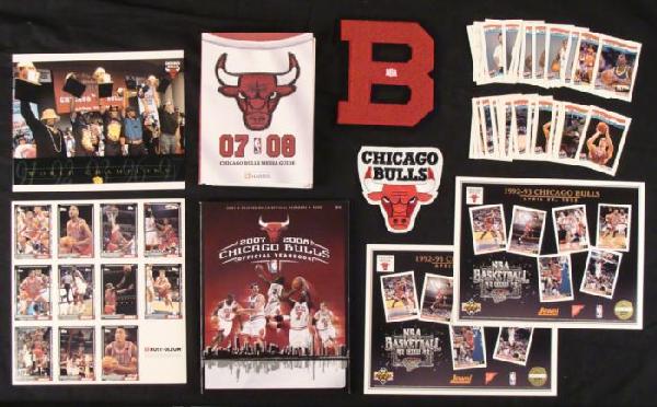 Chicago Bulls Lot Cards, Patch, Yearbook, Media Guide: Here are 8 great collectible items from the fabulous Chicago Bulls, featuring Michael Jordan and company. All are in excellent conditionUncut card sheet from Rust-Oleum1992-93 Upper Deck numbered card