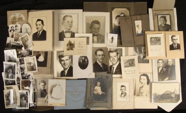 Lot 75+ Old Photos Portraits, People Children 1900s-50s: This is a group of over 75 photos from the early 1900's through the 1950's, mostly portraits of both children and adults. There are small 2 1/4" x 3" wallet size outdoor shots, and 3 x 5 and cabinet c